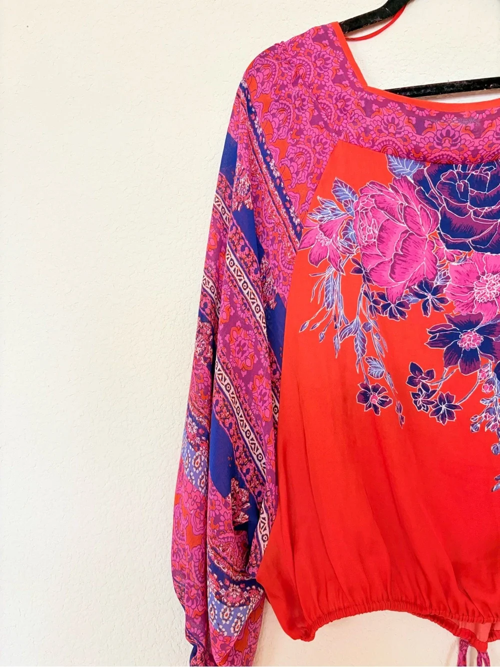 Free People Blue Nile Floral Print Blouse Exaggerated Sleeves Pull-On Top XL